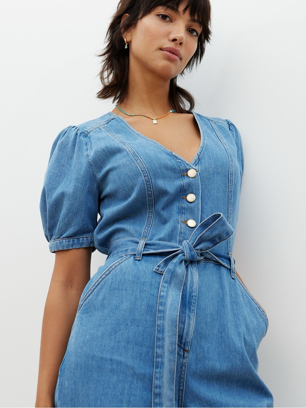 MIAMI for Francesca’s Puff Sleeve Denim Mini Dress Belted Small Coastal Cowgirl